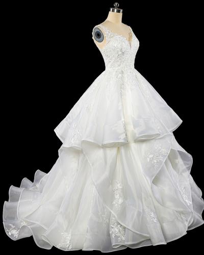 Double shoulder V-neck fashionable wedding dress with a slim waist and layered organza taildress WD02BG001