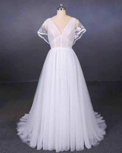 Double shoulder V-neck perspective backless trailing wedding dress WD03EM005