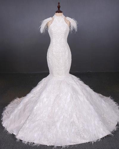 Slim and luxurious ostrich hair wedding dress WD04ME003