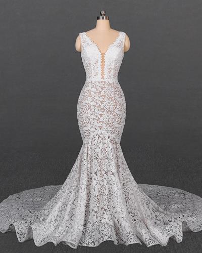 Deep V-shaped backless waistband drag tail wedding dress WD04ME008